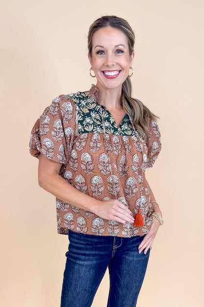 Spice Things Up Brown &amp; Teal Multi Printed Puff Sleeve Top by THML