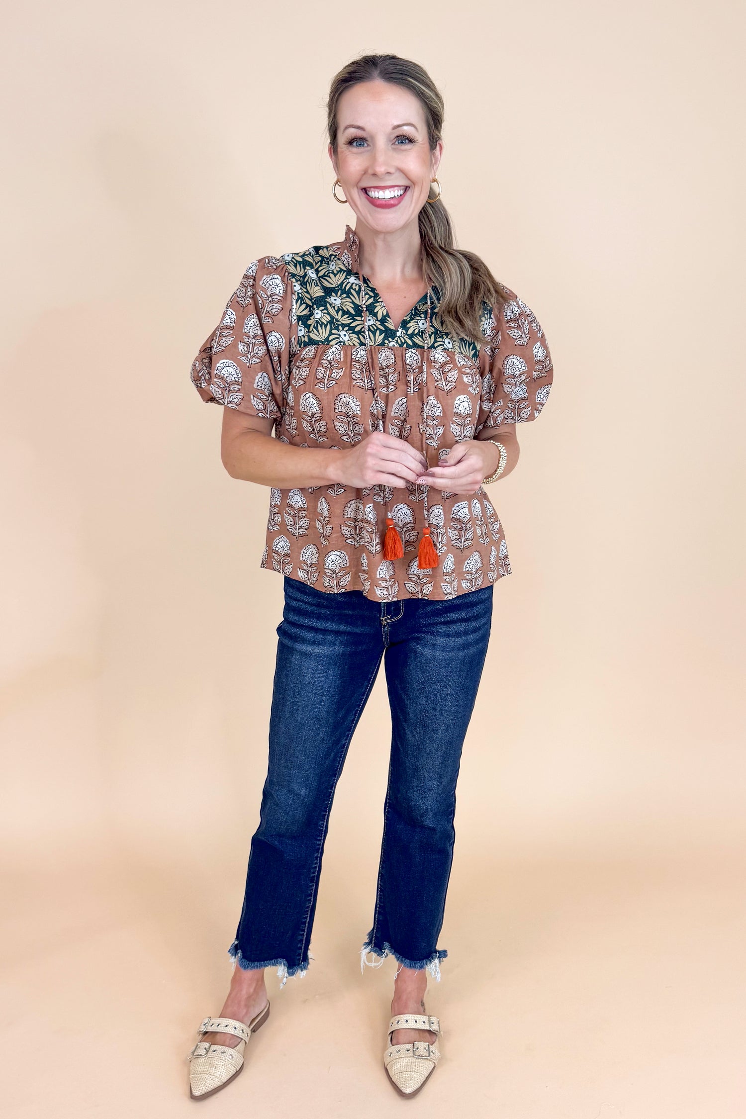 Spice Things Up Brown &amp; Teal Multi Printed Puff Sleeve Top by THML