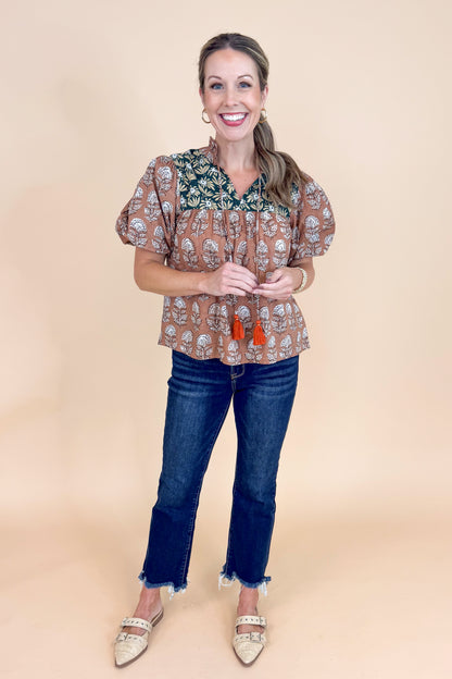 Spice Things Up Brown &amp; Teal Multi Printed Puff Sleeve Top by THML