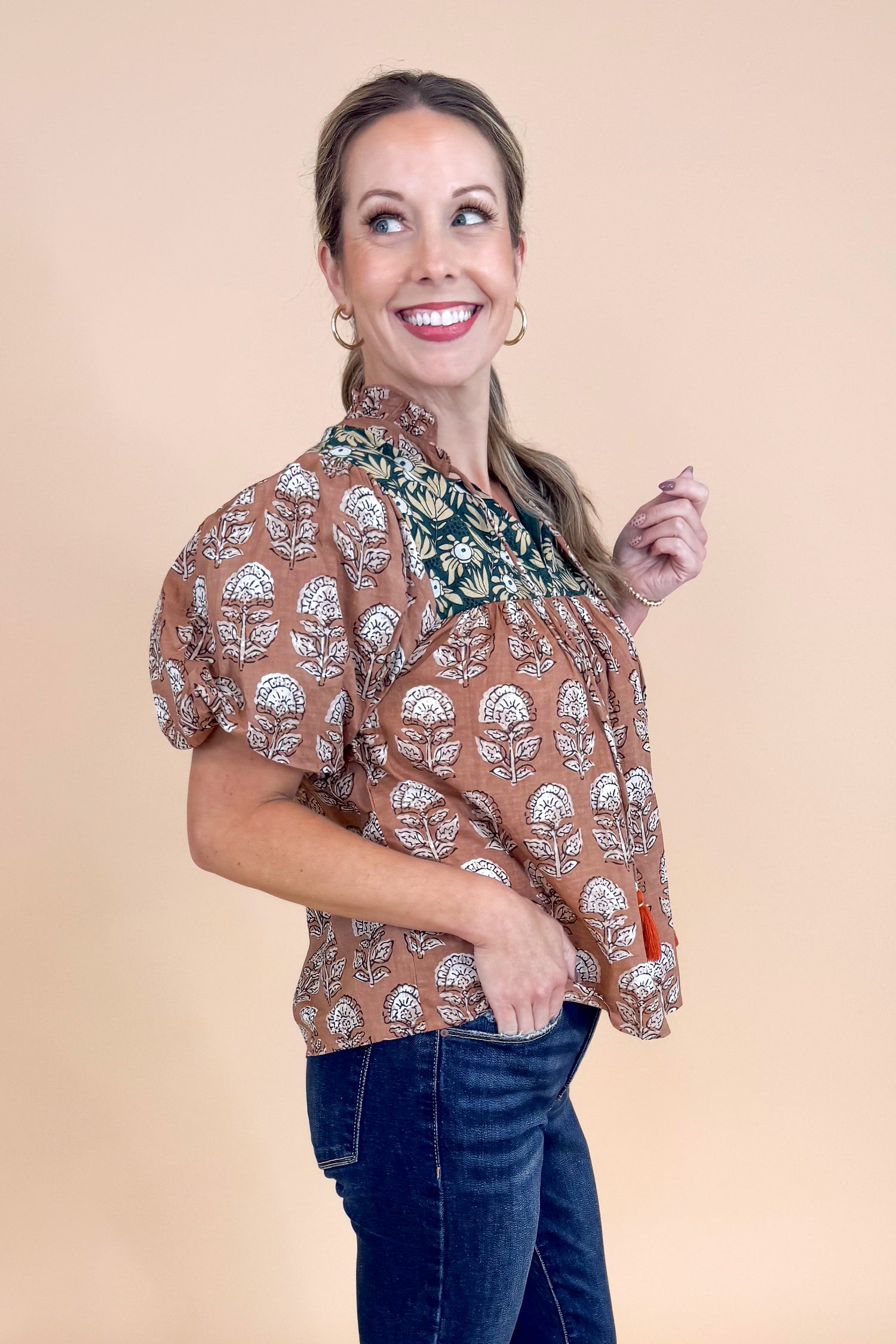 Spice Things Up Brown &amp; Teal Multi Printed Puff Sleeve Top by THML