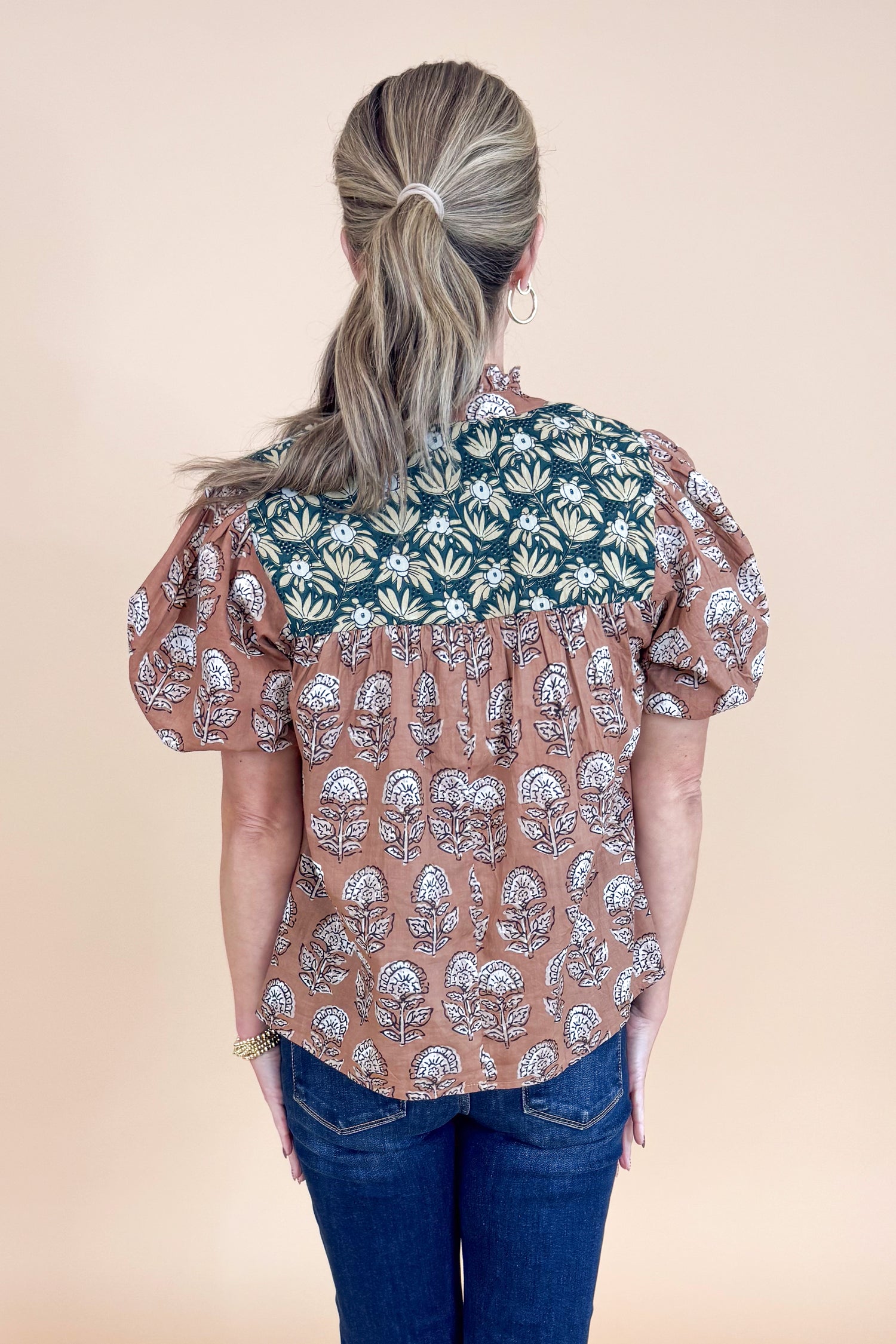 Spice Things Up Brown &amp; Teal Multi Printed Puff Sleeve Top by THML