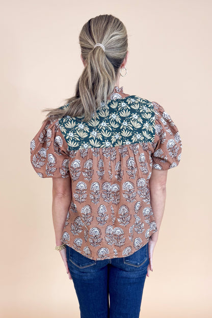 Spice Things Up Brown &amp; Teal Multi Printed Puff Sleeve Top by THML