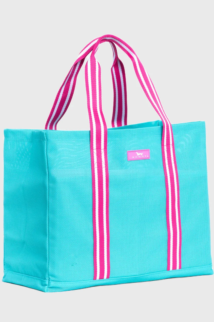 Turquoise tote bag with pink and white striped handles on a light gray background