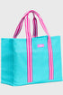 Turquoise tote bag with pink and white striped handles on a light gray background