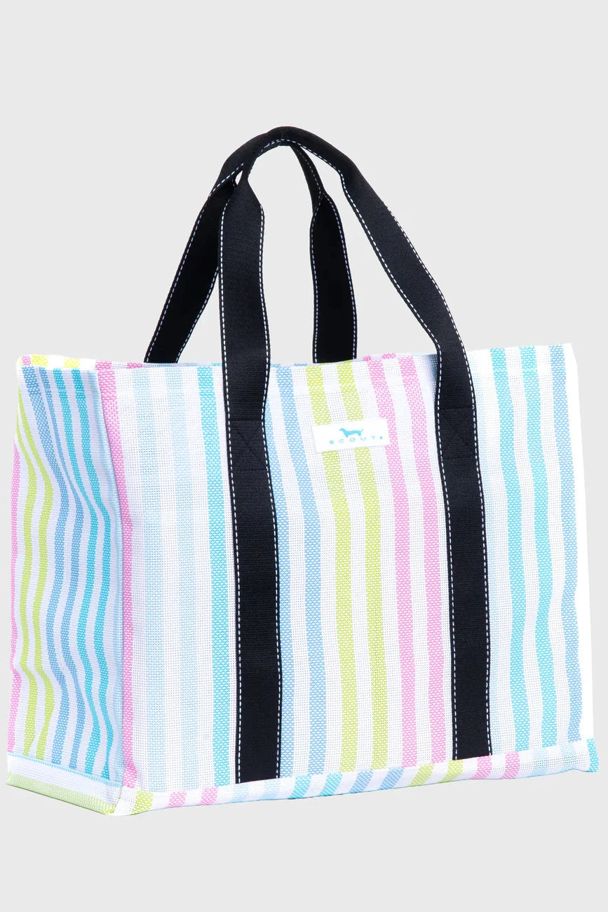 Striped tote bag with colorful pattern on a light gray background