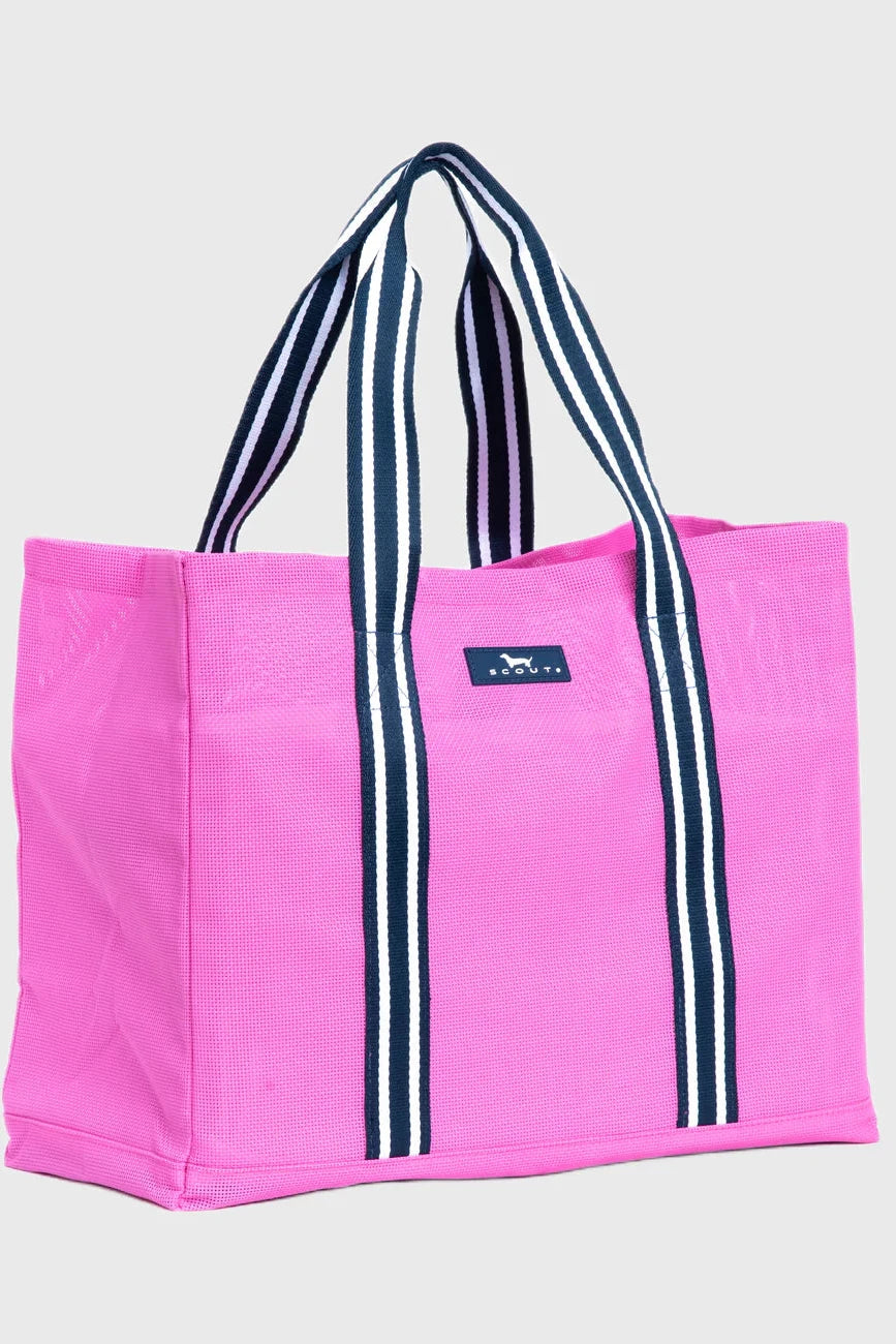 Pink tote bag with navy stripes on a light gray background