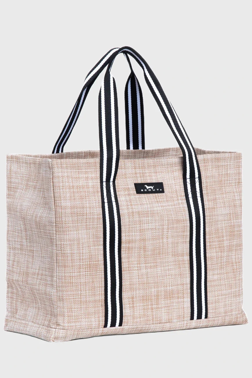 Beige tote bag with black and white striped handles on a light gray background