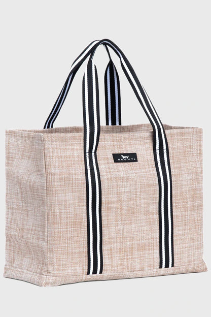 Beige tote bag with black and white striped handles on a light gray background