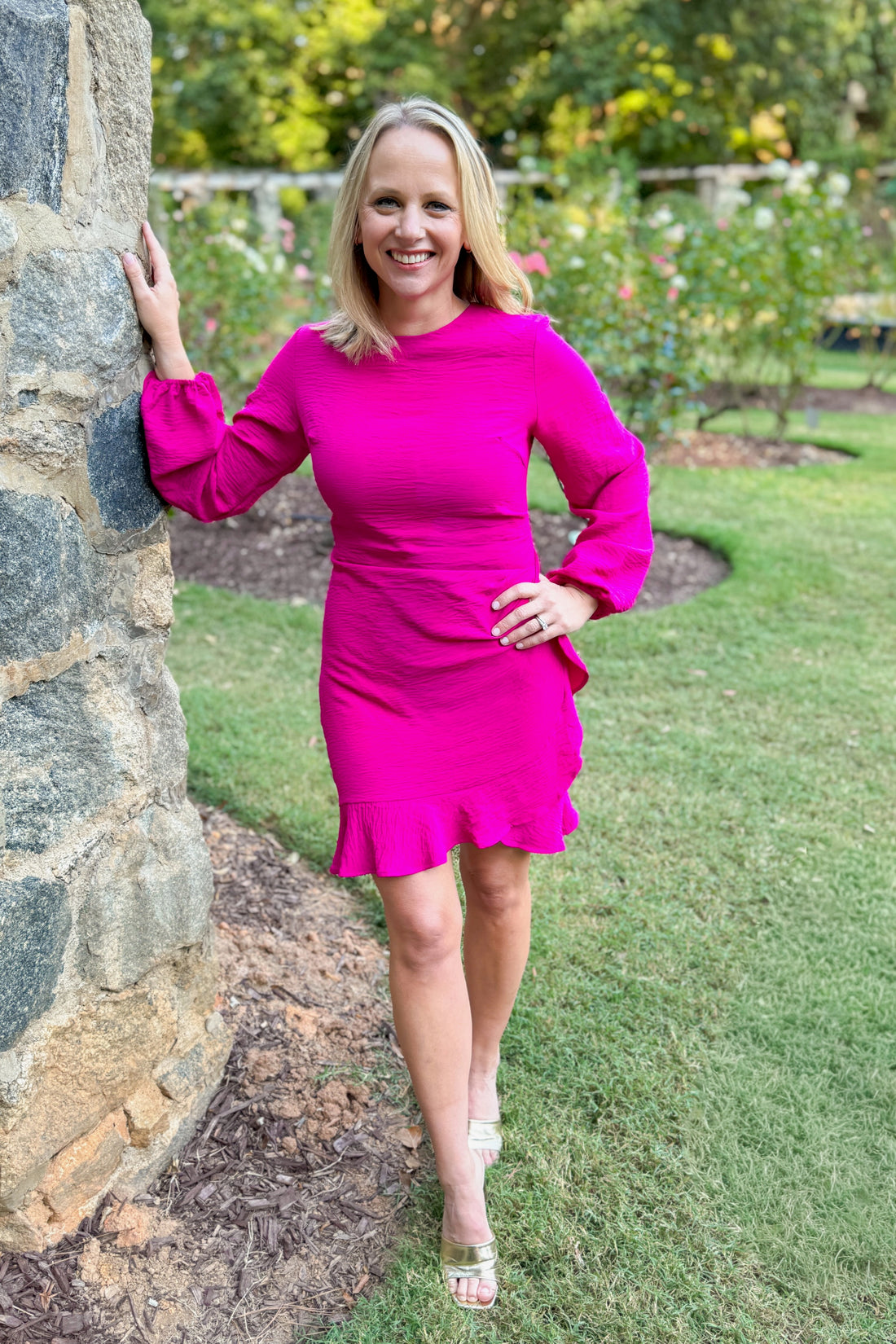 Second To None pink ruffle detail mini dress - full length model shot outside