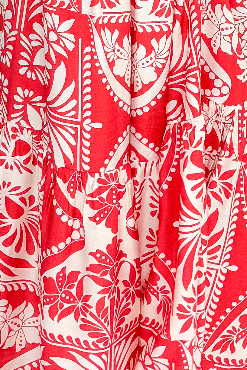 Red Printed Sleeveless V-neck Maxi Dress fabric.
