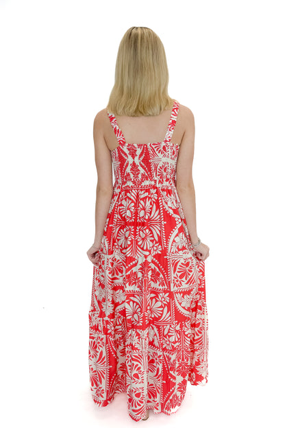 Back view of woman wearing Red Printed Sleeveless V-neck Maxi Dress against white studio background.