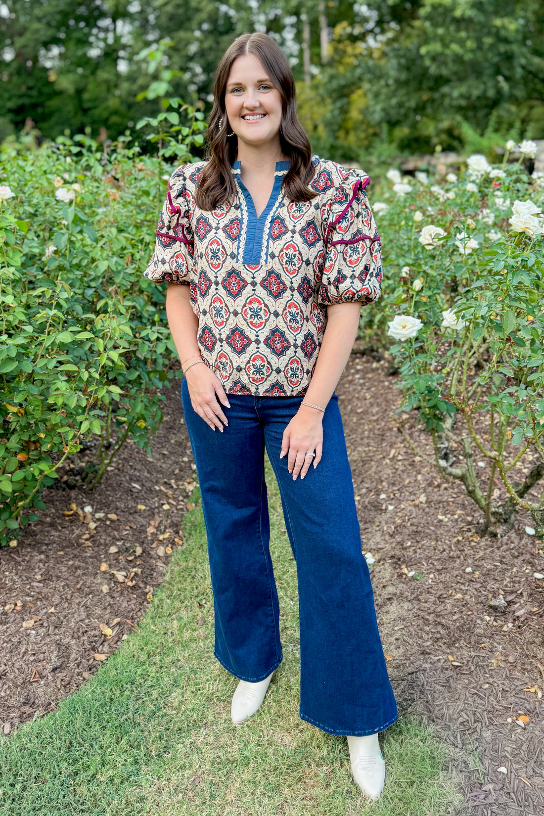 Do Not Disturb Teal & Wine Printed V-neck Top by She + Sky