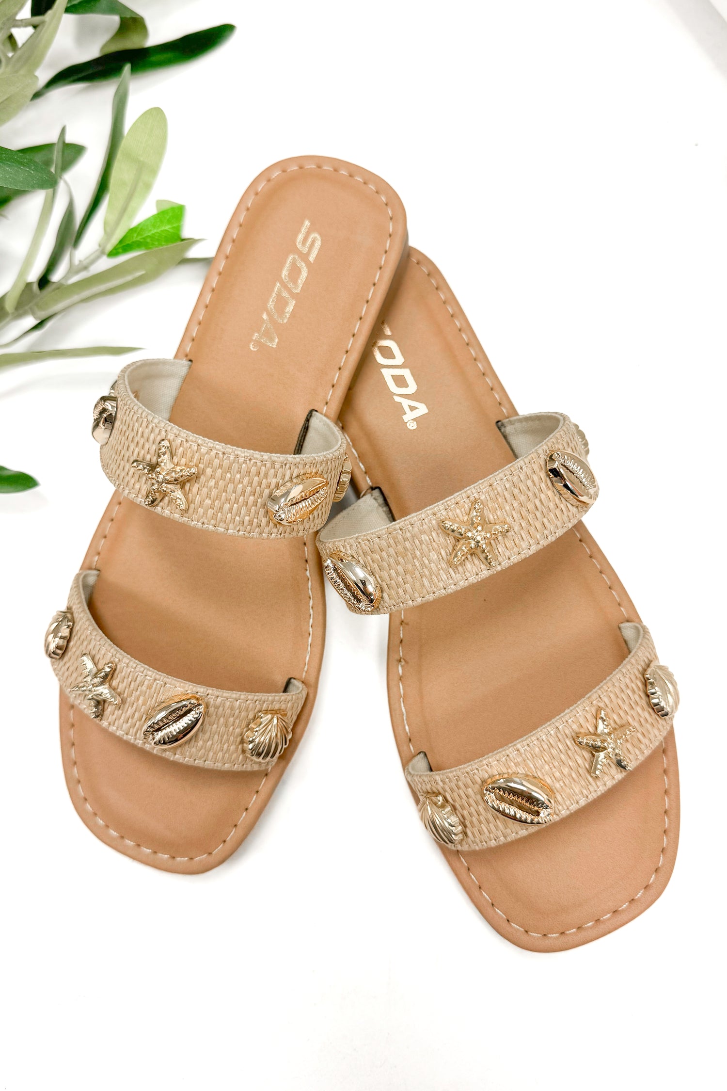 Samoa- Raffia Double Strap Shell Stud Sandals
