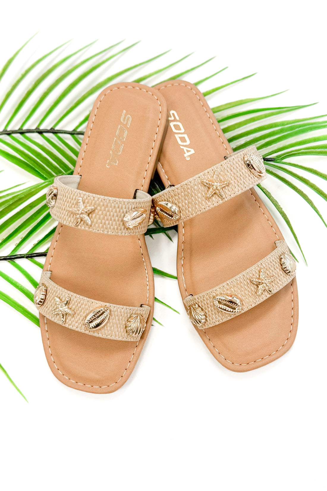 Samoa- Raffia Double Strap Shell Stud Sandals