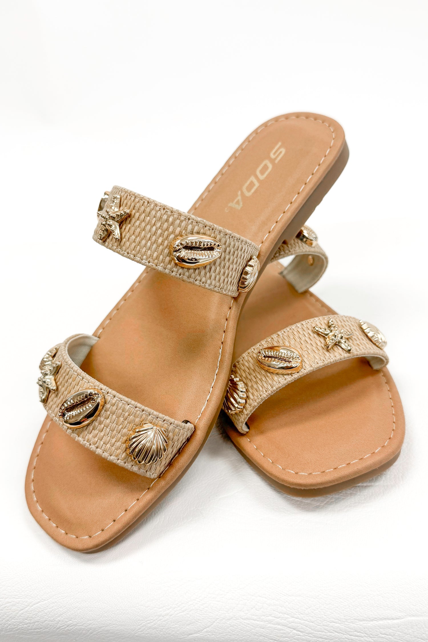 Samoa- Raffia Double Strap Shell Stud Sandals
