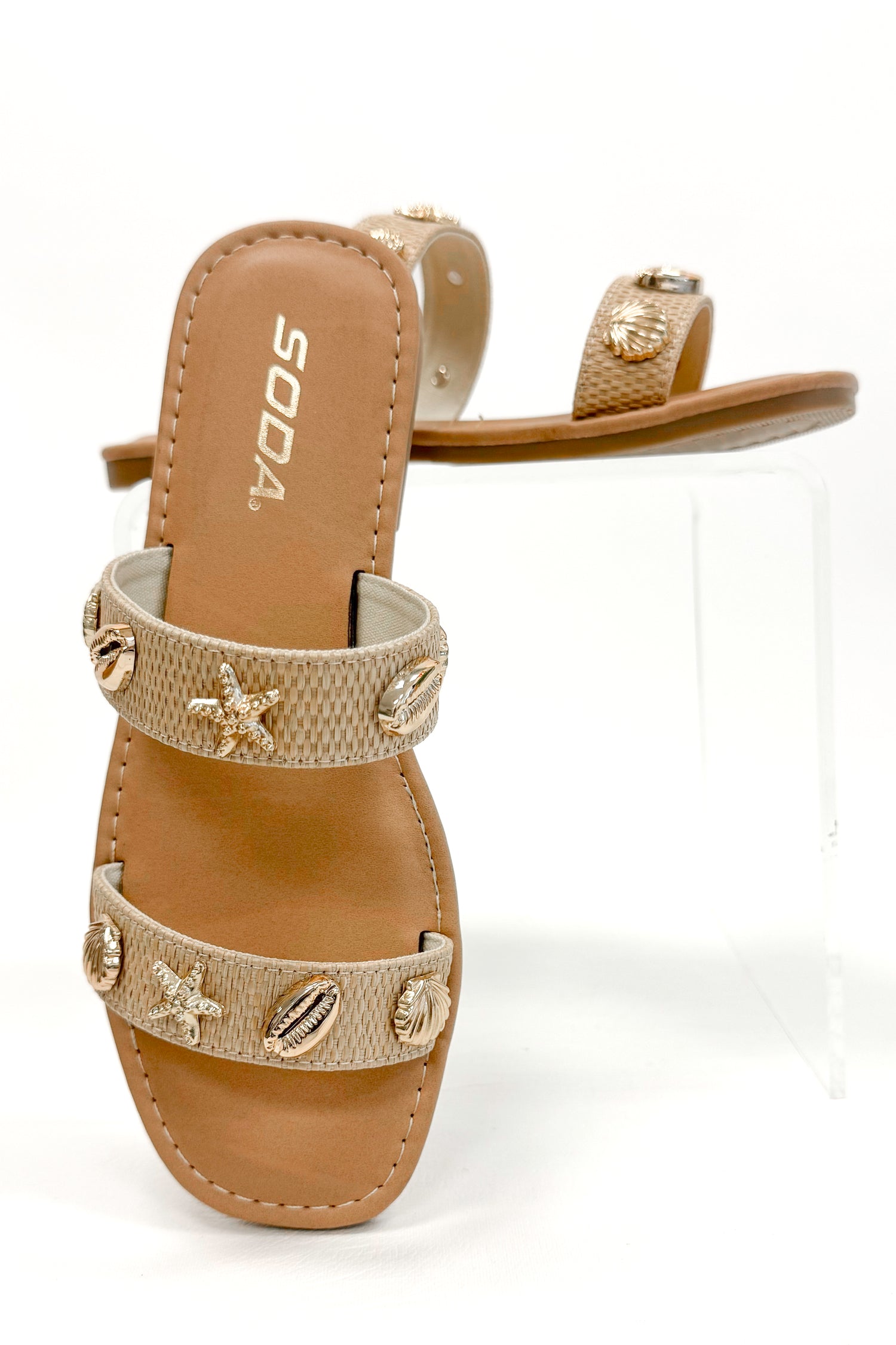 Samoa- Raffia Double Strap Shell Stud Sandals