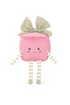 Pink plush toy with a bow on a white background
