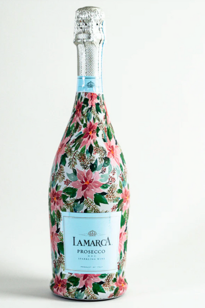 Bottle of Iamarca Prosecco with floral design on a white background