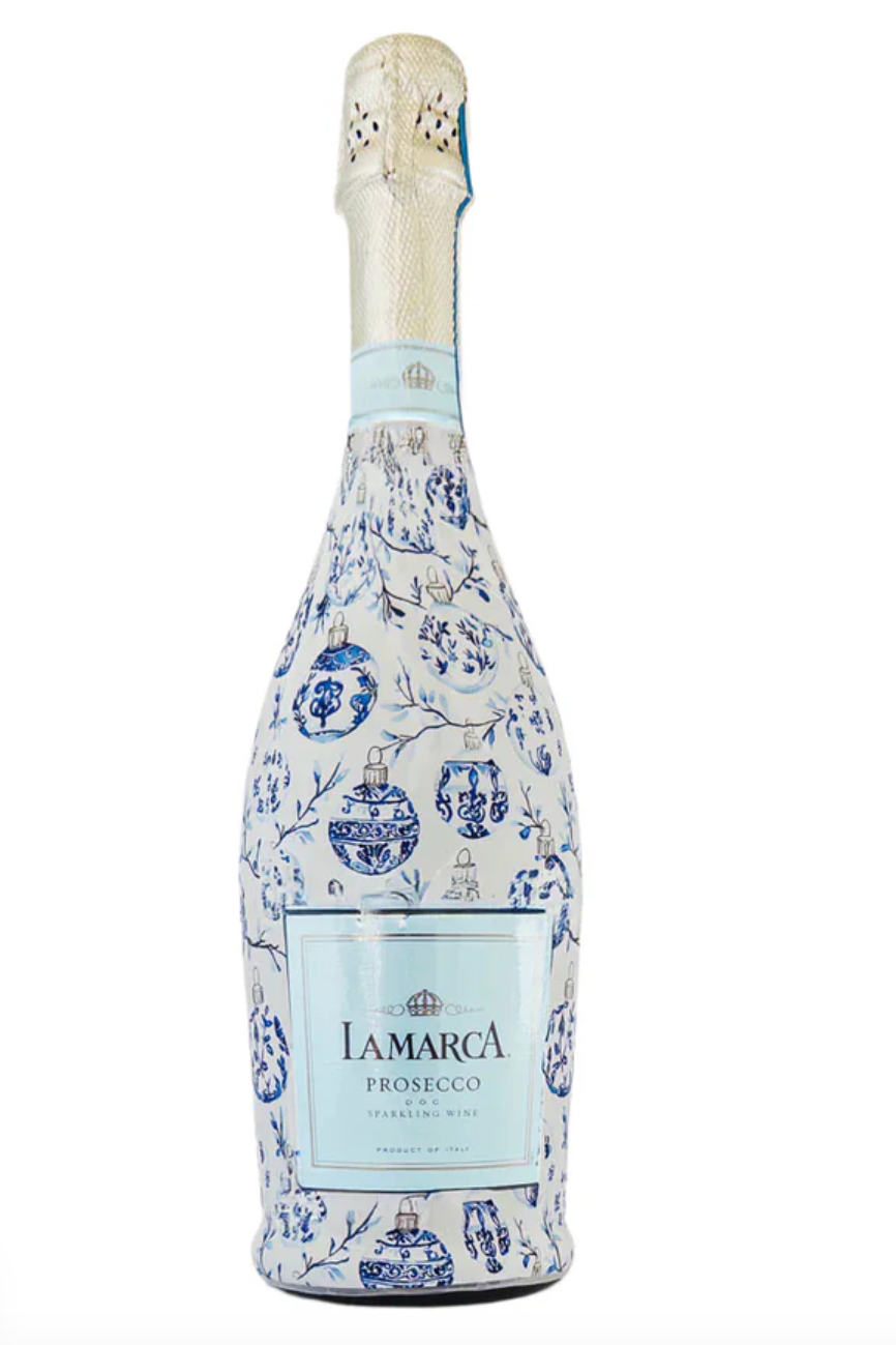 Bottle of Iamarca Prosecco with floral design on a white background