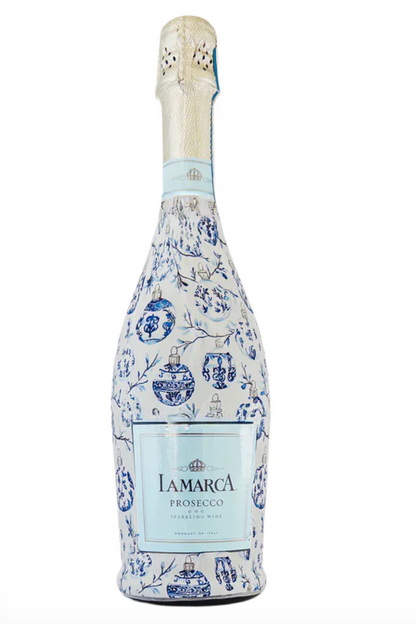 Bottle of Iamarca Prosecco with floral design on a white background