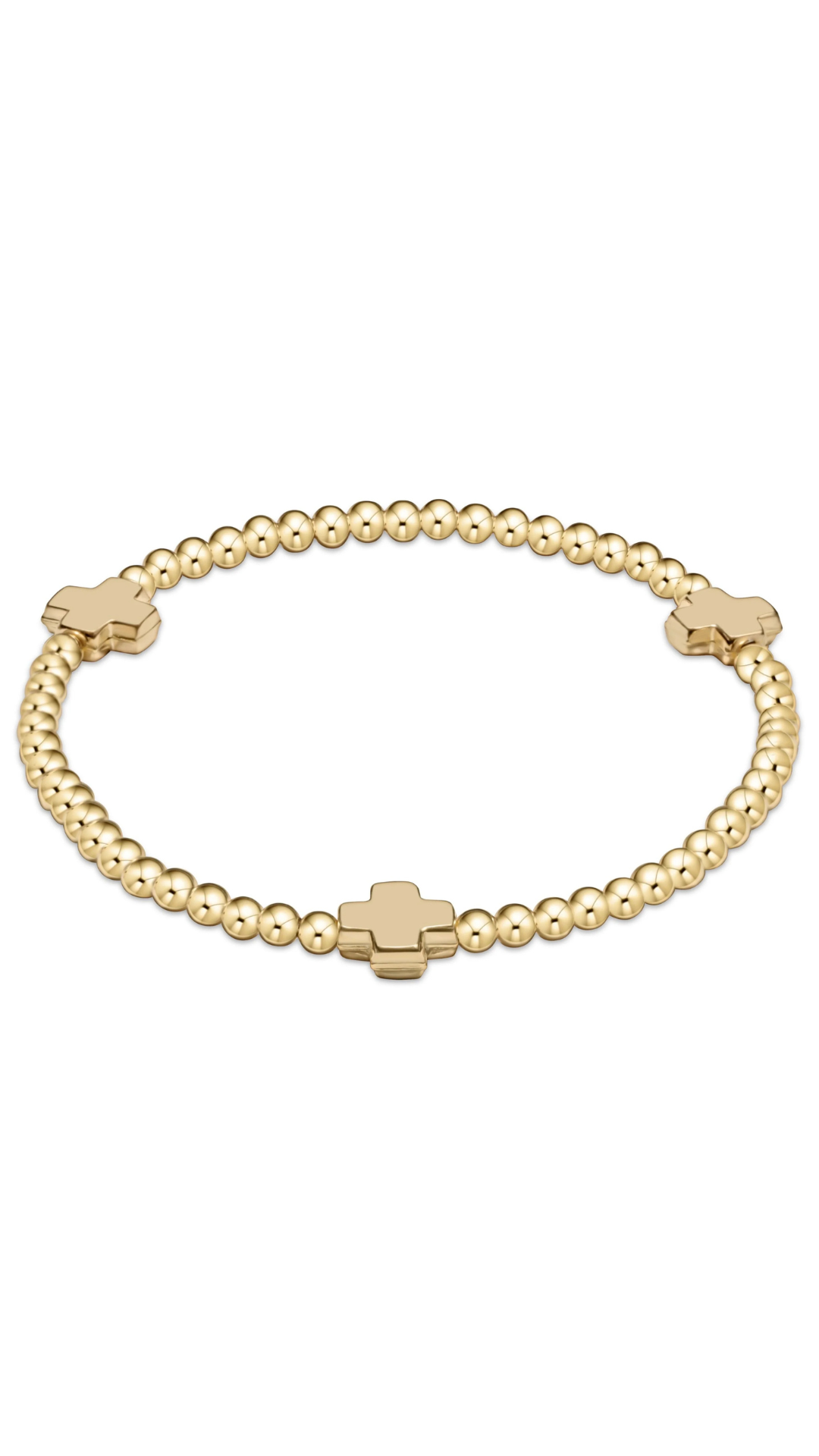 A gold beaded bracelet with three flat, polished cross-shaped charms spaced along the band, displayed on a clean white background.