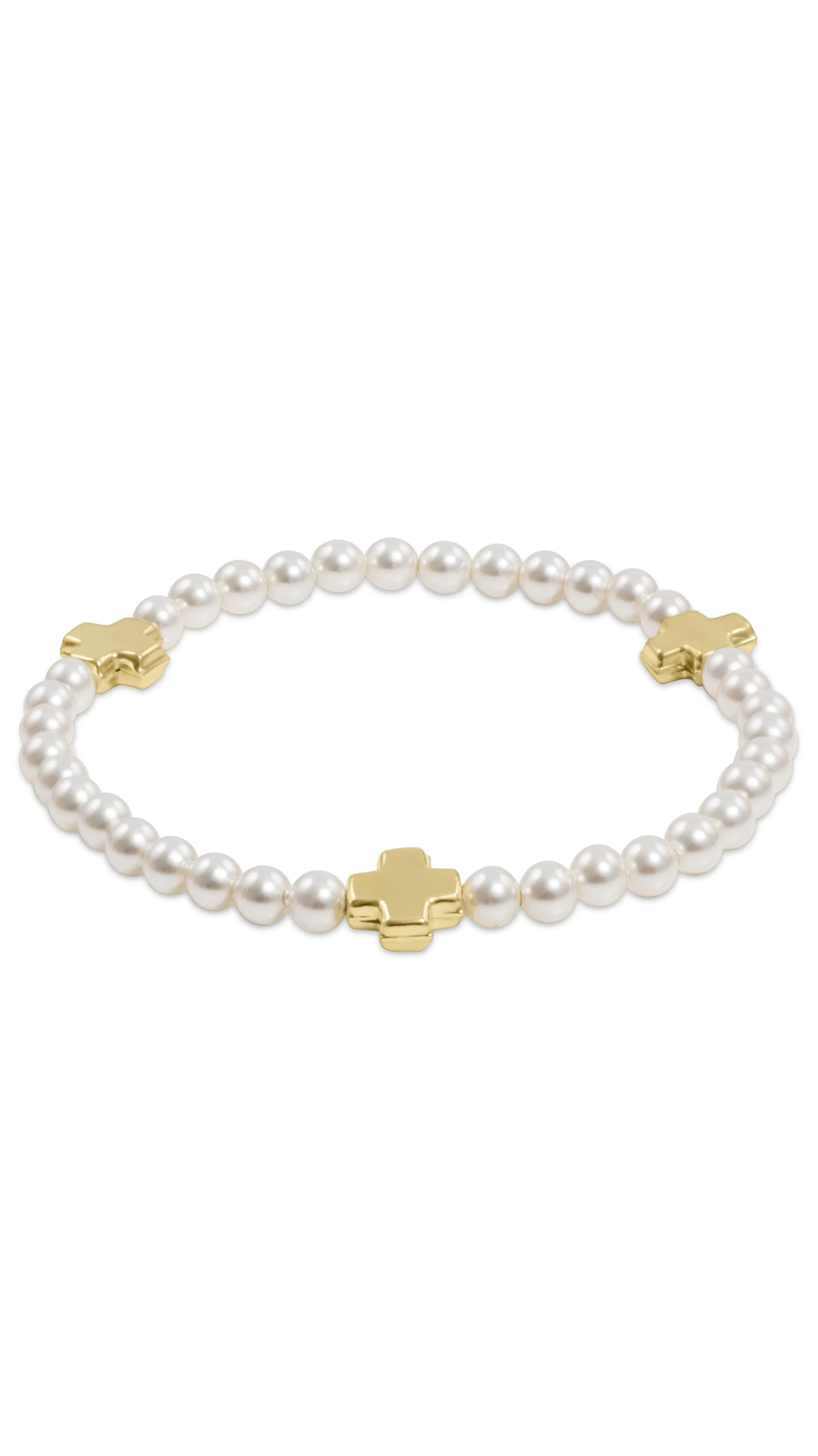 Pearl bracelet with a gold cross on a plain white background