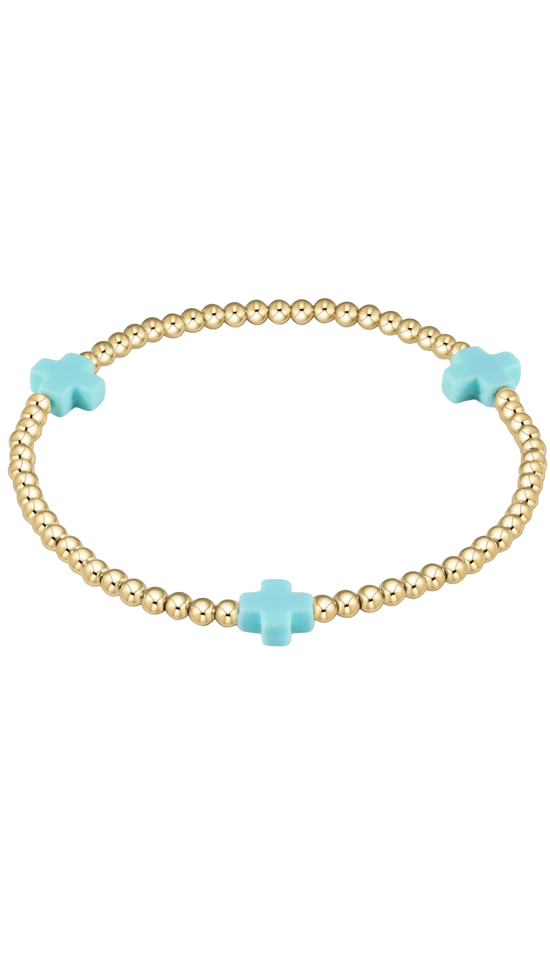 A gold beaded bracelet with three light blue cross charms, displayed on a clean white background.