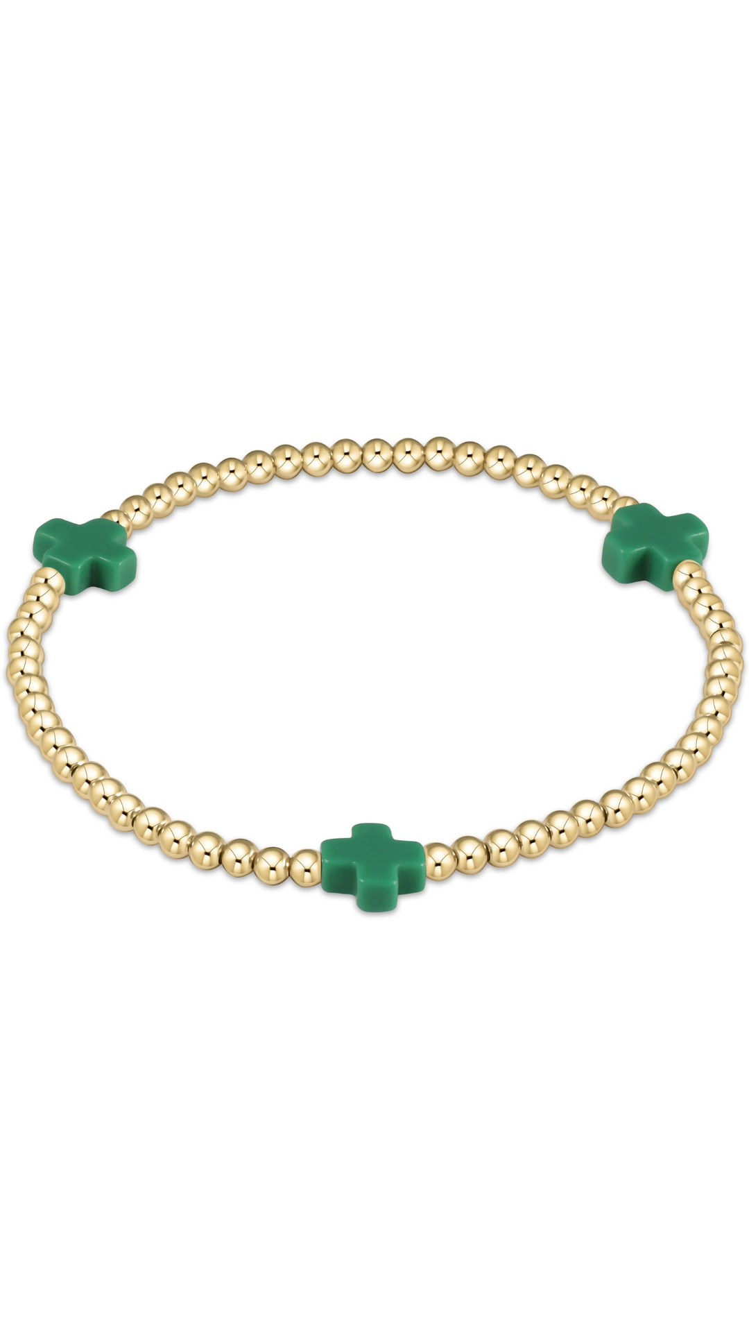 A gold beaded bracelet with three green cross charms, displayed on a clean white background.