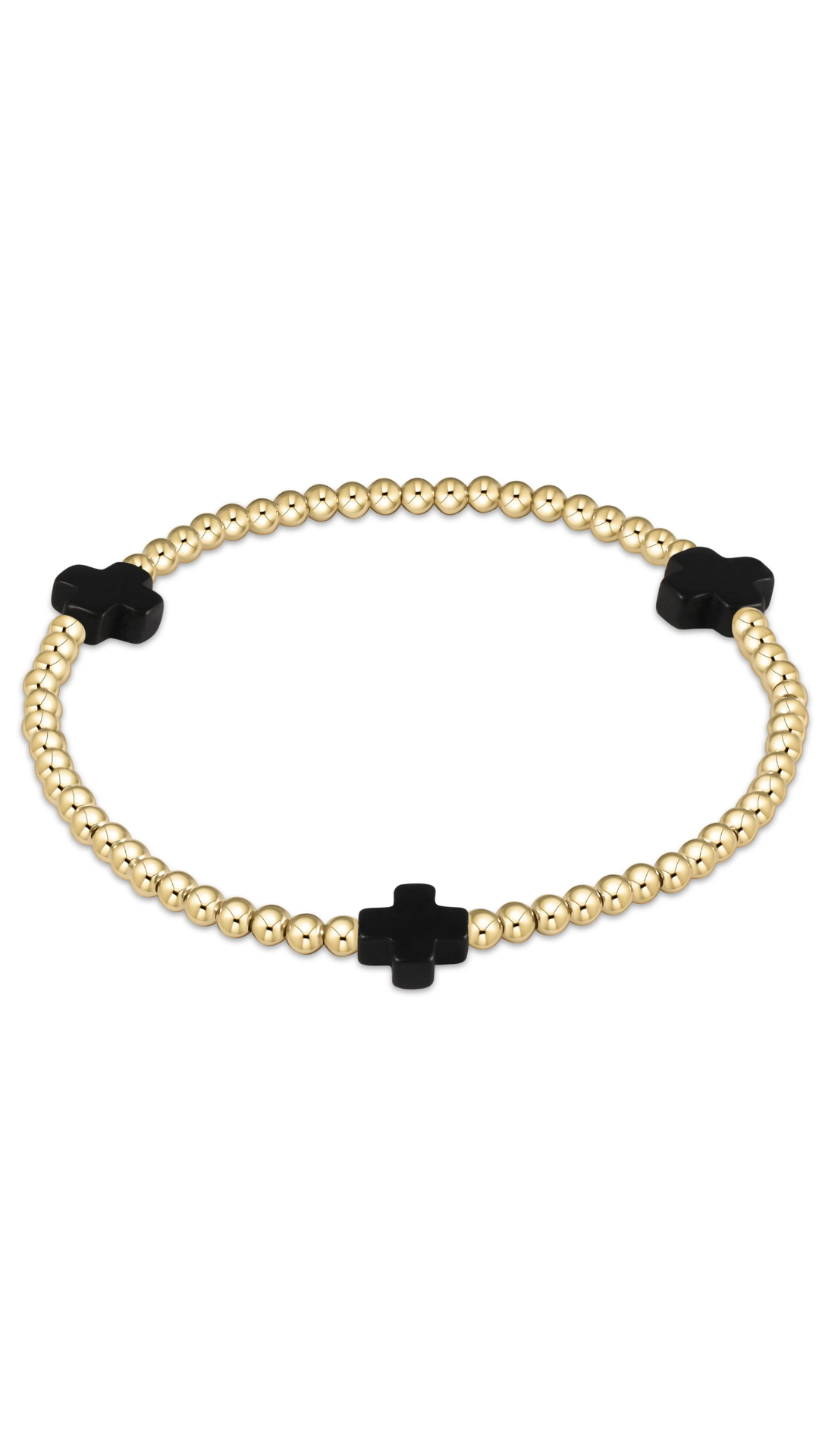 A gold beaded bracelet with three black cross-shaped charms, displayed on a clean white background.