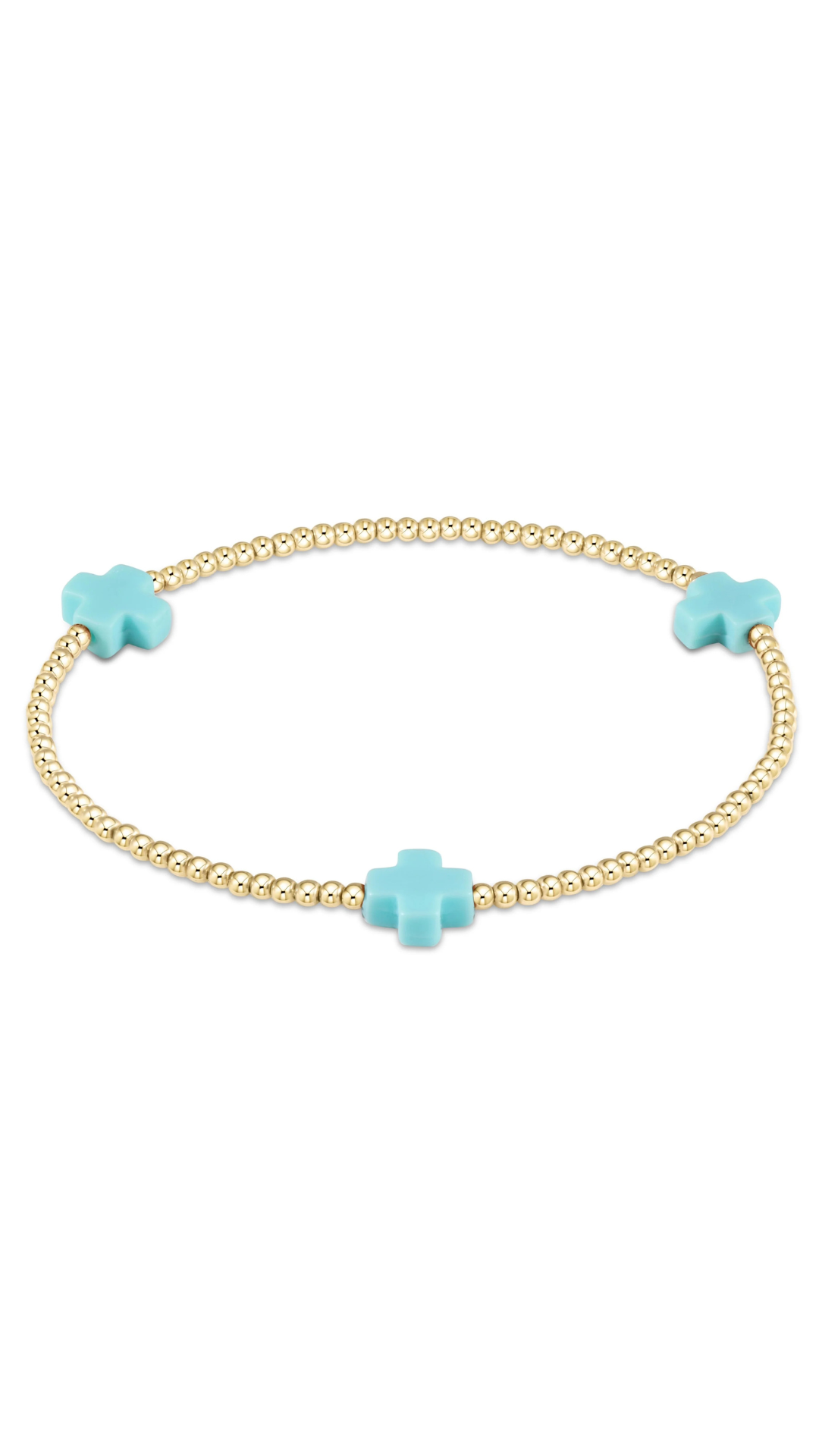A delicate gold beaded bracelet featuring three turquoise cross charms, displayed on a clean white background.