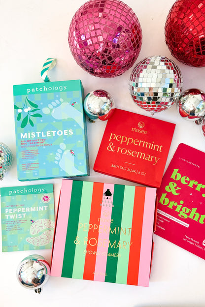 Peppermint Twist Eye Gels and other Spa Items against holiday studio background.