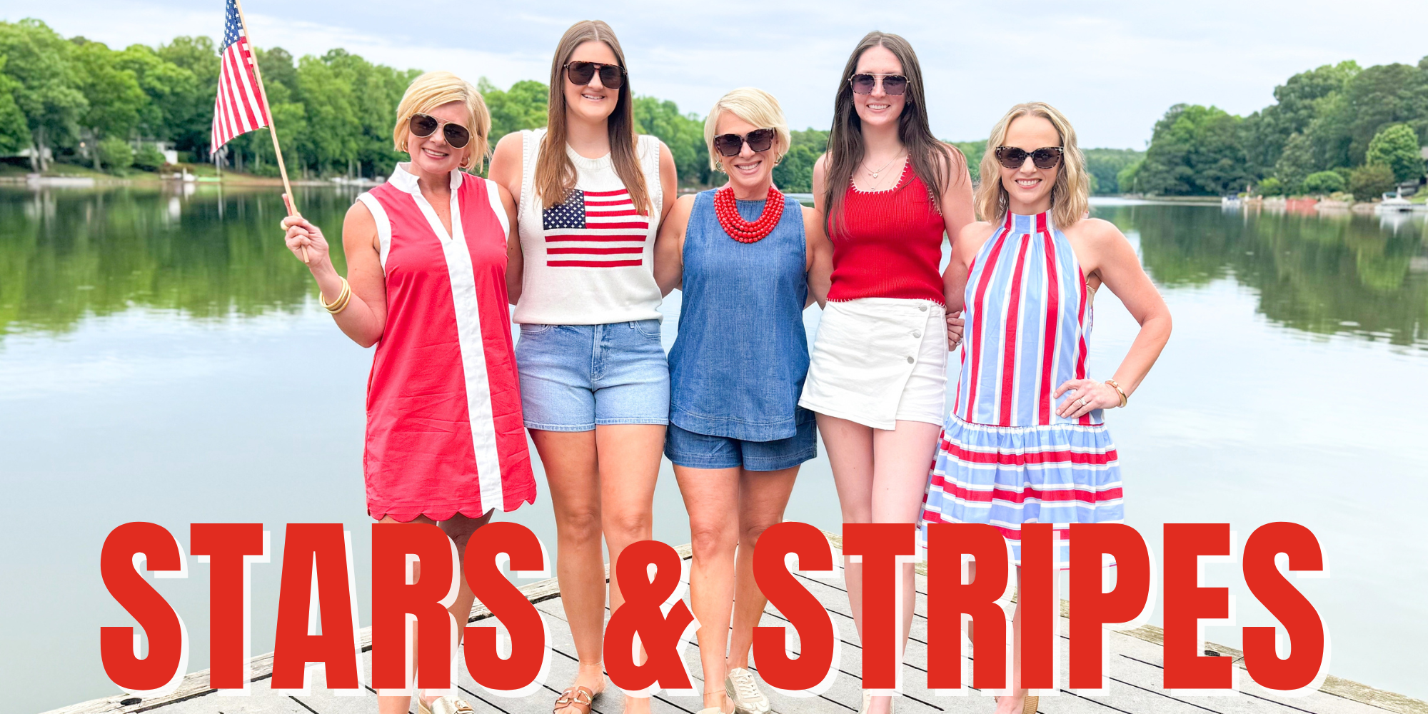 a group of women in red white and blue clothing with the text overlay "Stars and Stripes"
