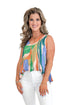 Front view of woman wearing Multi Tropical Print Bubble Hem Tank with jeans against white studio background.