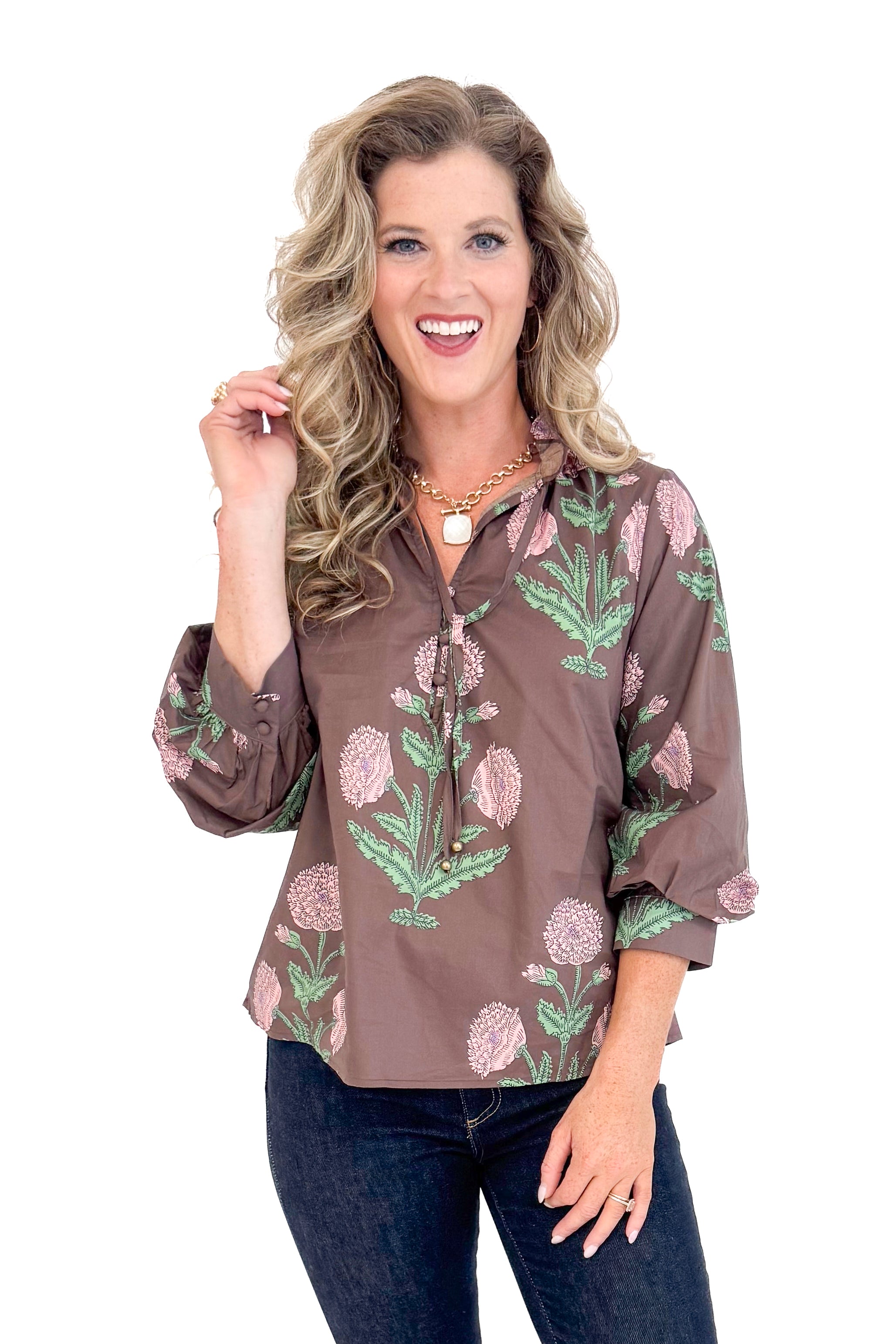 Woman wearing New Crush Brown Floral Printed 3/4 Sleeve Top by Entro - front view showing beautiful floral print pattern and 3/4 sleeves