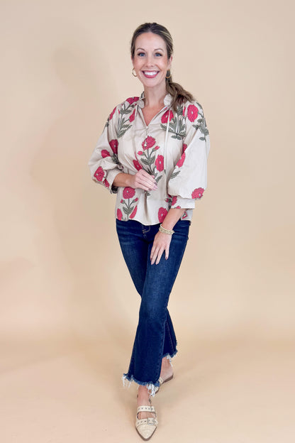 New Crush Ecru Floral Printed 3/4 Sleeve Top by Entro