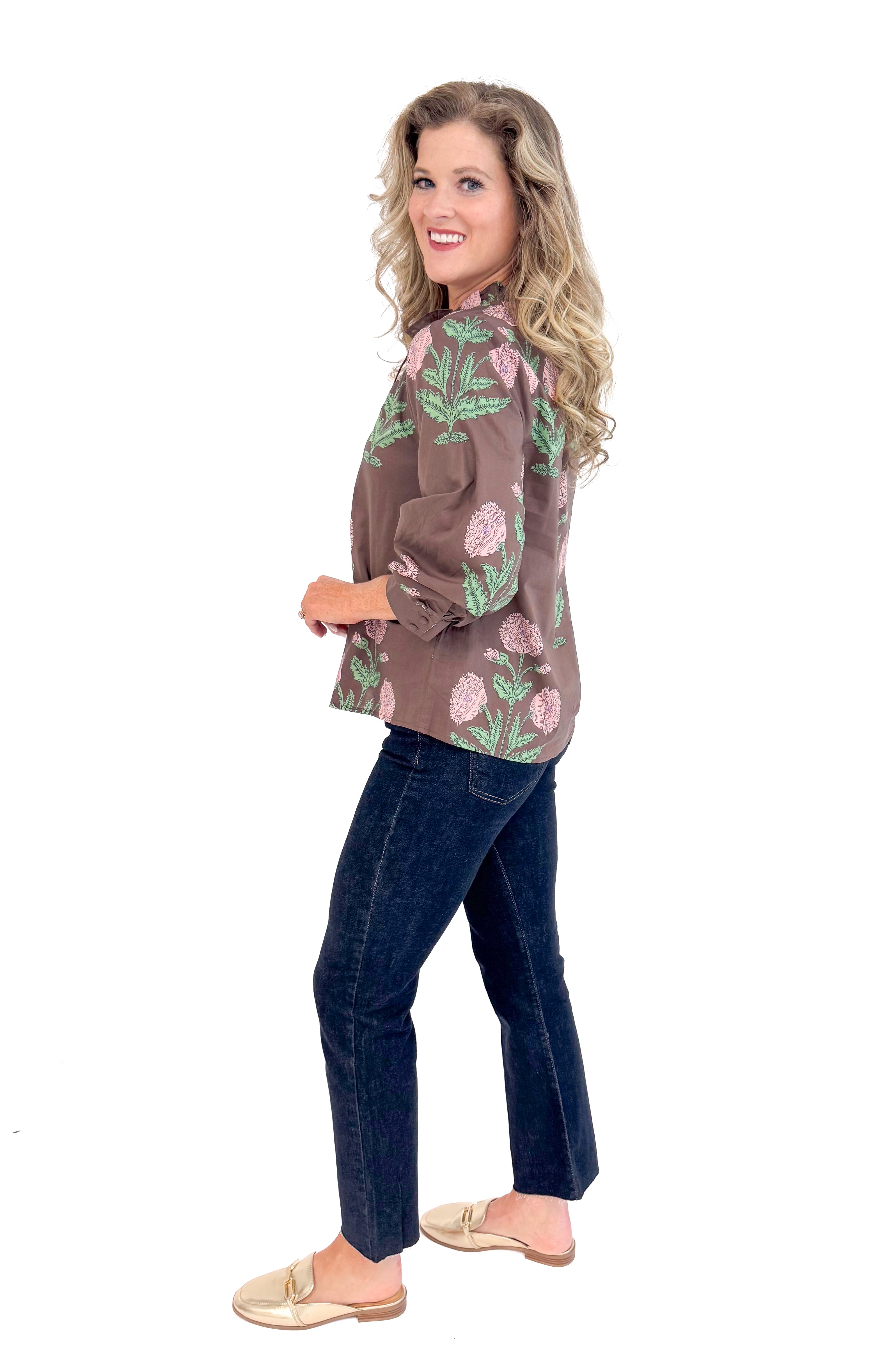 Woman wearing New Crush Brown Floral Printed 3/4 Sleeve Top by Entro - side view showing beautiful floral print pattern and 3/4 sleeves