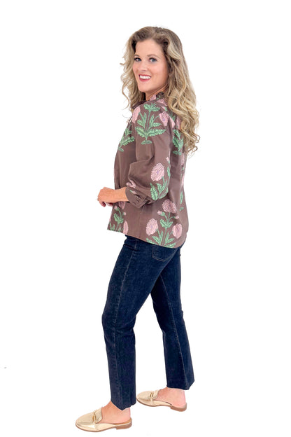 Woman wearing New Crush Brown Floral Printed 3/4 Sleeve Top by Entro - side view showing beautiful floral print pattern and 3/4 sleeves