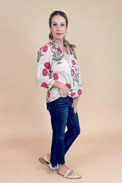 New Crush Ecru Floral Printed 3/4 Sleeve Top by Entro
