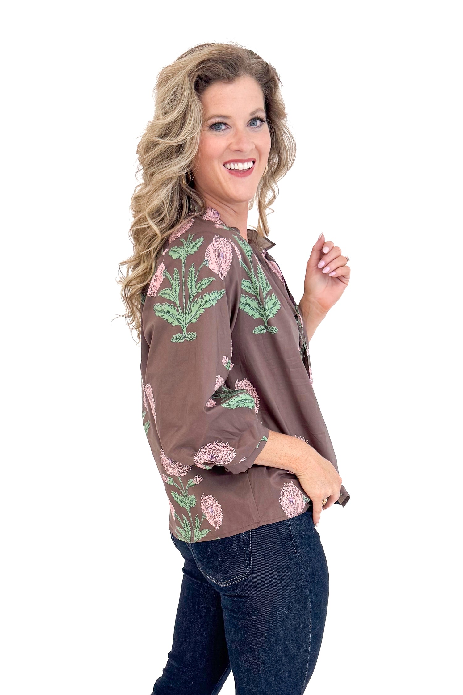 Woman wearing New Crush Brown Floral Printed 3/4 Sleeve Top by Entro - side view showing beautiful floral print pattern and 3/4 sleeves