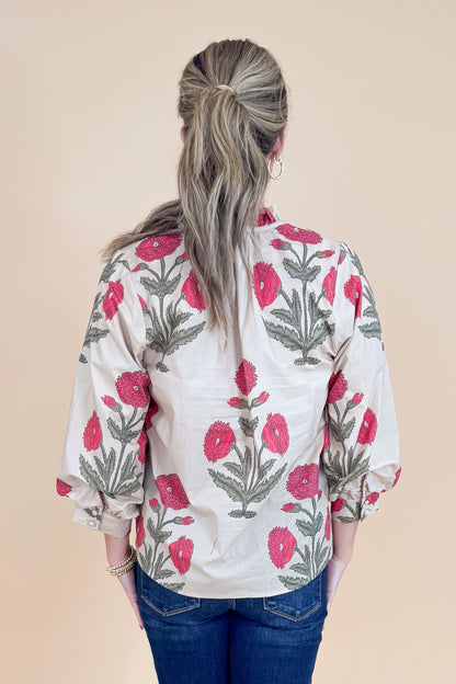New Crush Ecru Floral Printed 3/4 Sleeve Top by Entro