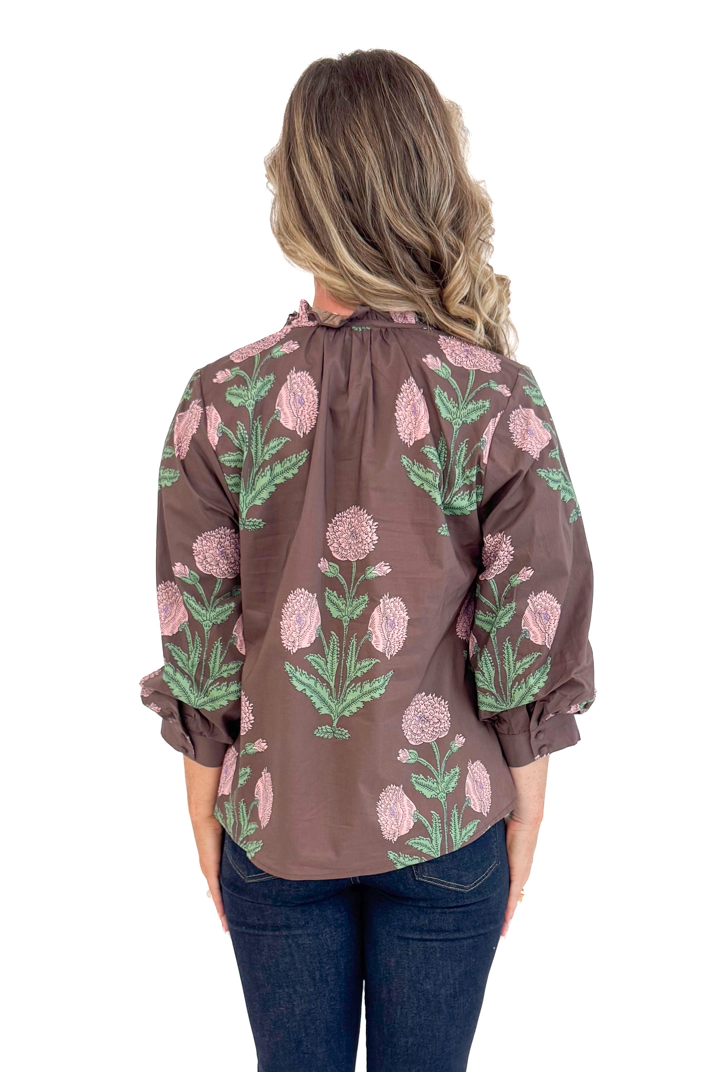 Woman wearing New Crush Brown Floral Printed 3/4 Sleeve Top by Entro - back view showing beautiful floral print pattern and 3/4 sleeves