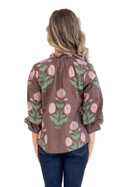 Woman wearing New Crush Brown Floral Printed 3/4 Sleeve Top by Entro - back view showing beautiful floral print pattern and 3/4 sleeves