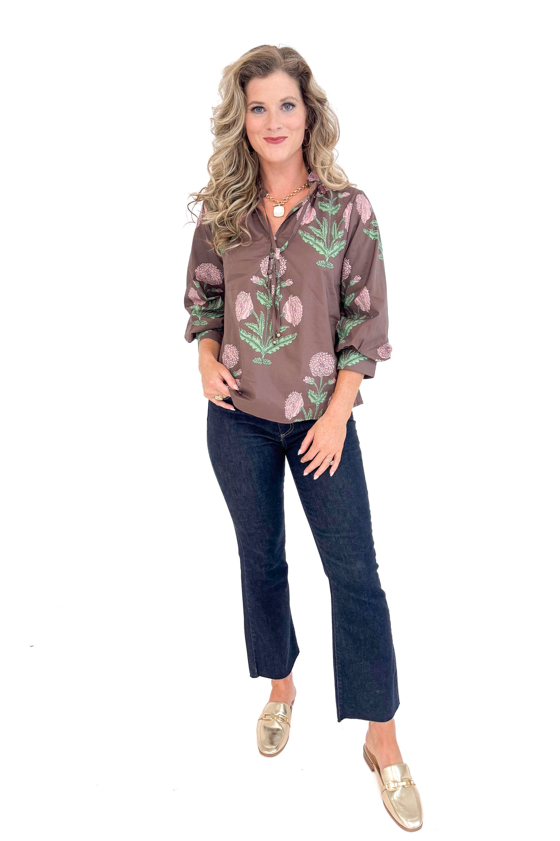 Woman wearing New Crush Brown Floral Printed 3/4 Sleeve Top by Entro - front view showing beautiful floral print pattern and 3/4 sleeves