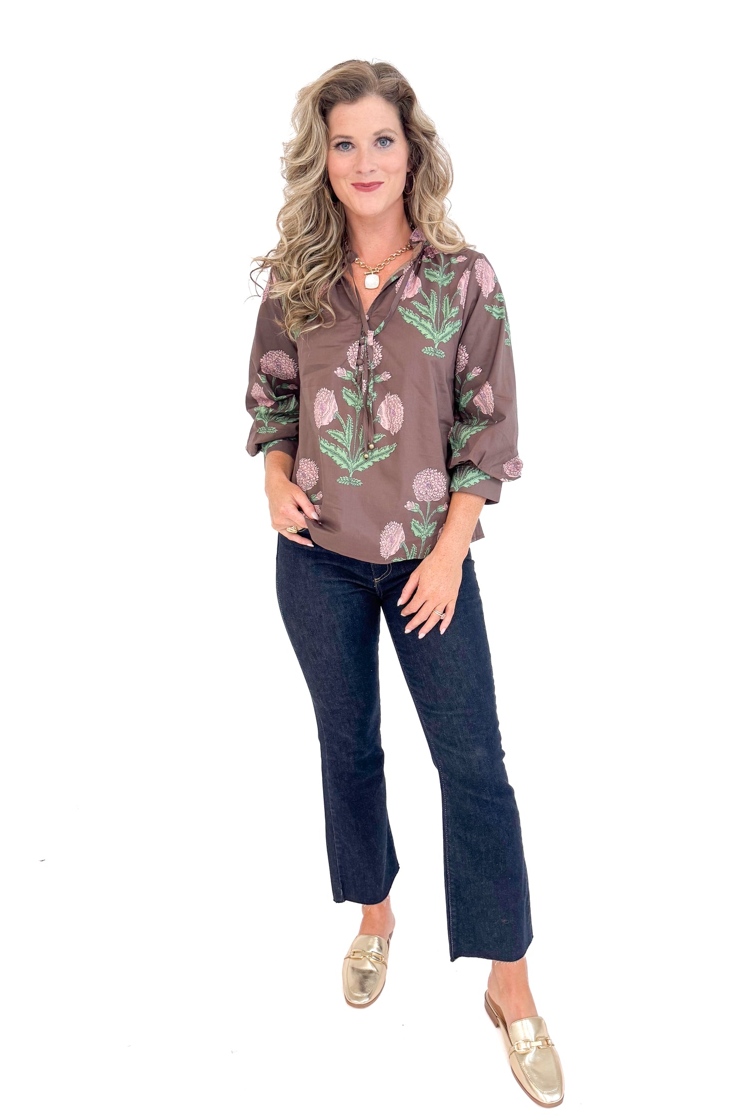 Woman wearing New Crush Brown Floral Printed 3/4 Sleeve Top by Entro - front view showing beautiful floral print pattern and 3/4 sleeves