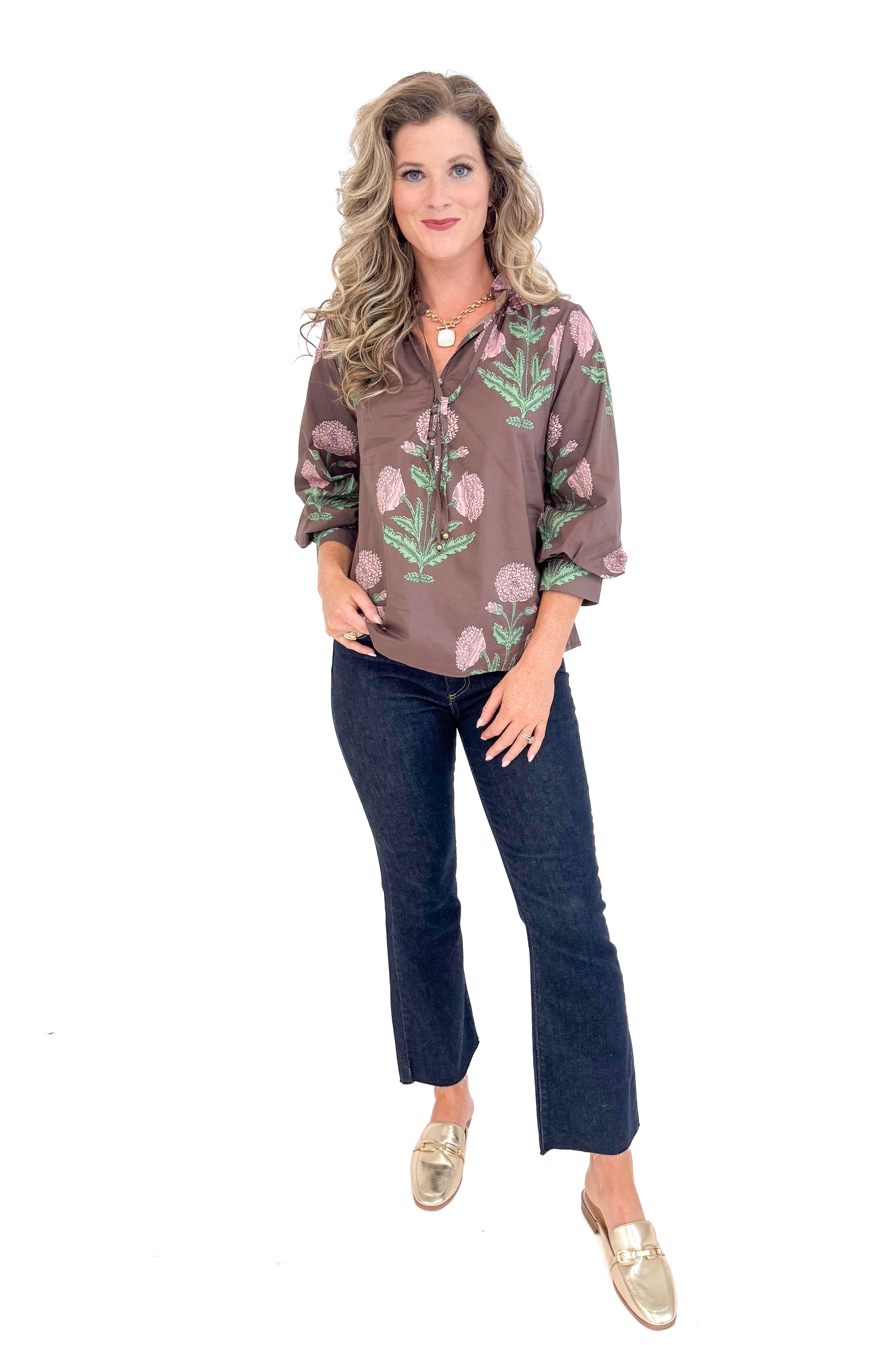 Woman wearing New Crush Brown Floral Printed 3/4 Sleeve Top by Entro - front view showing beautiful floral print pattern and 3/4 sleeves