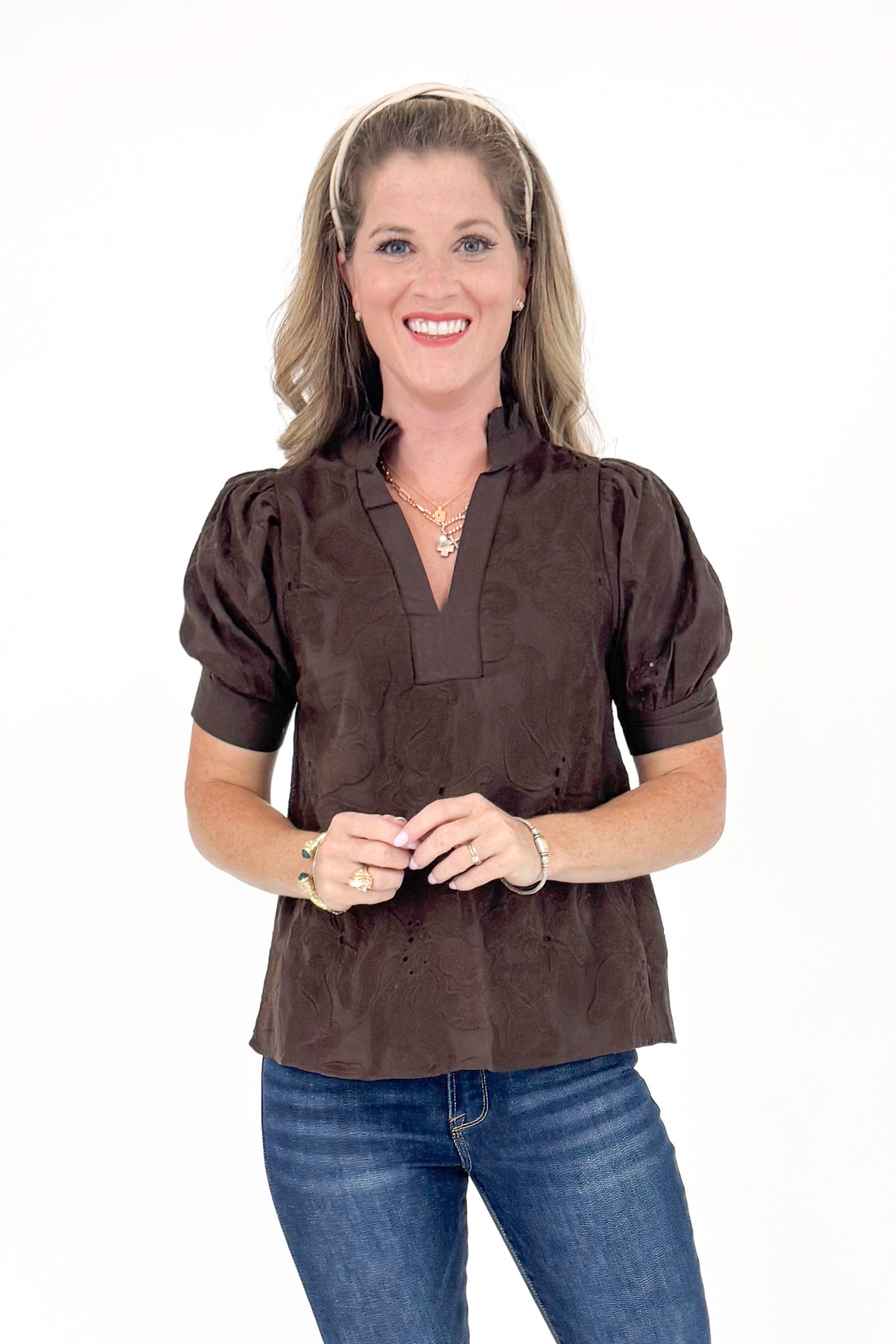 Pourover Perfection Brown Lace Puff Sleeve Top