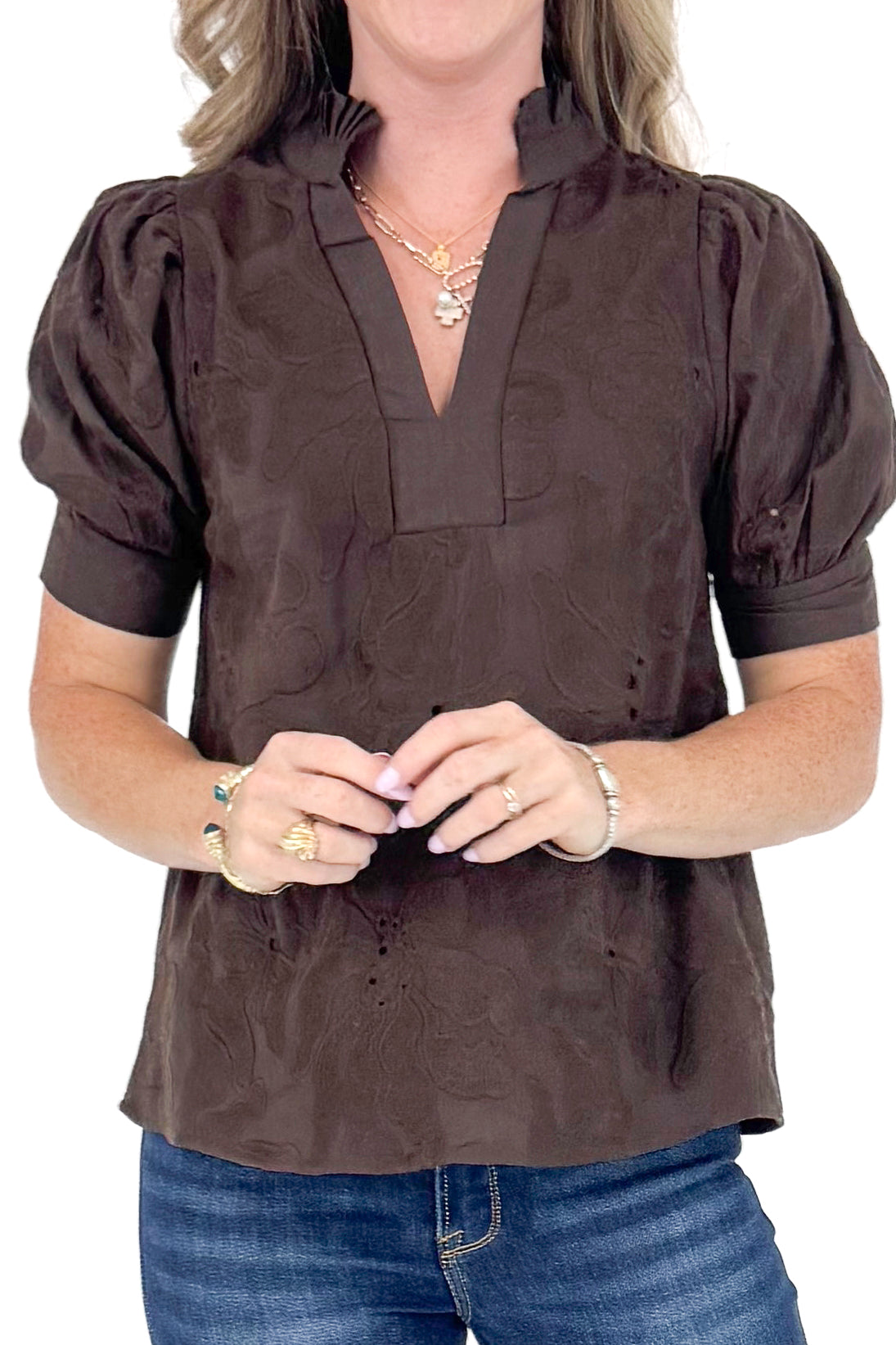 Pourover Perfection Brown Lace Puff Sleeve Top
