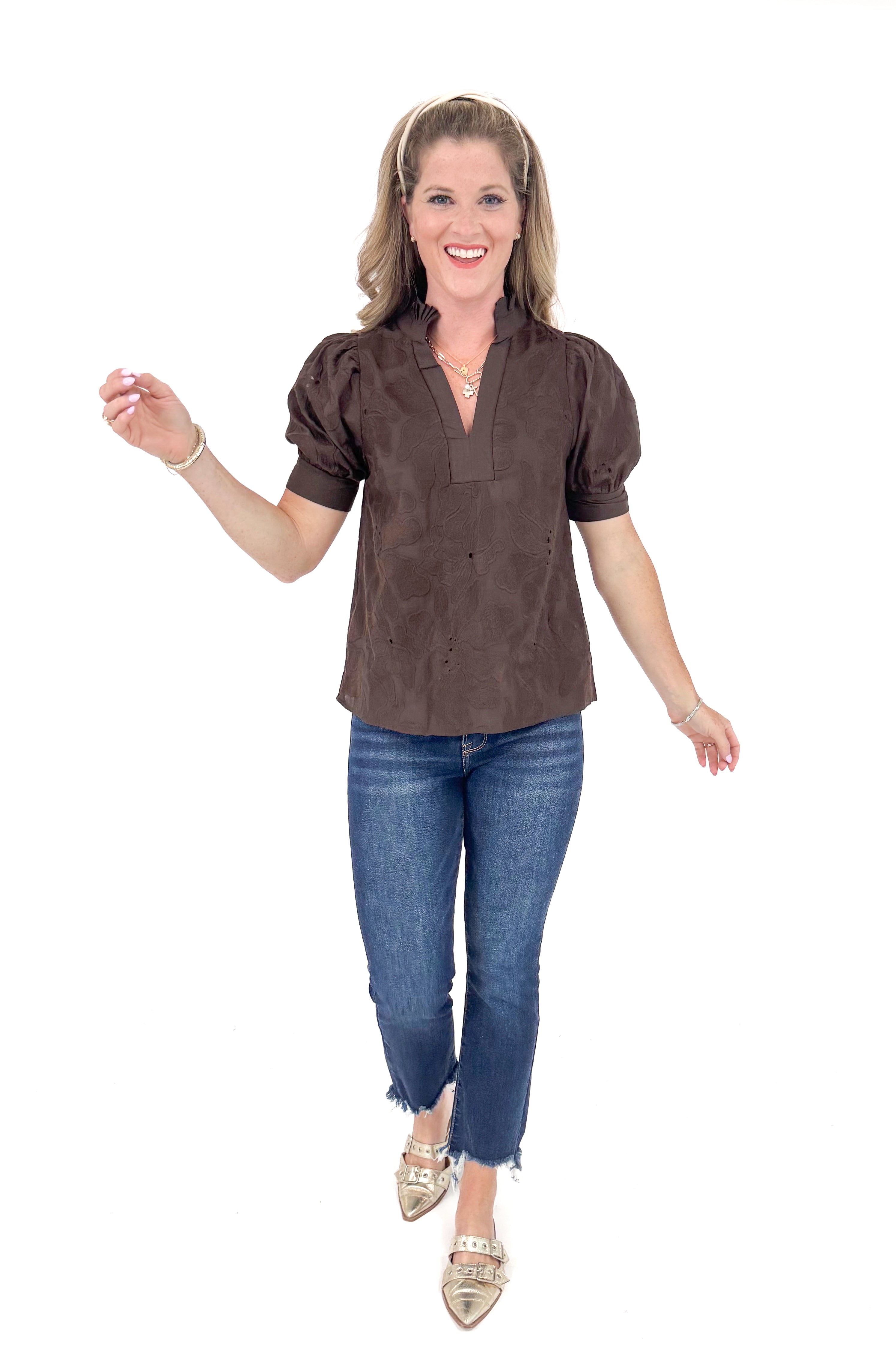 Pourover Perfection Brown Lace Puff Sleeve Top