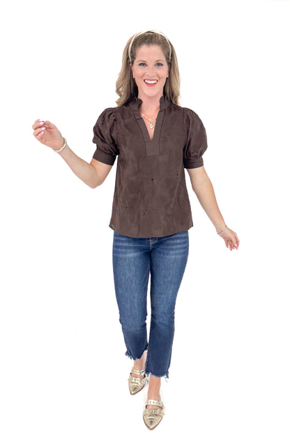 Pourover Perfection Brown Lace Puff Sleeve Top