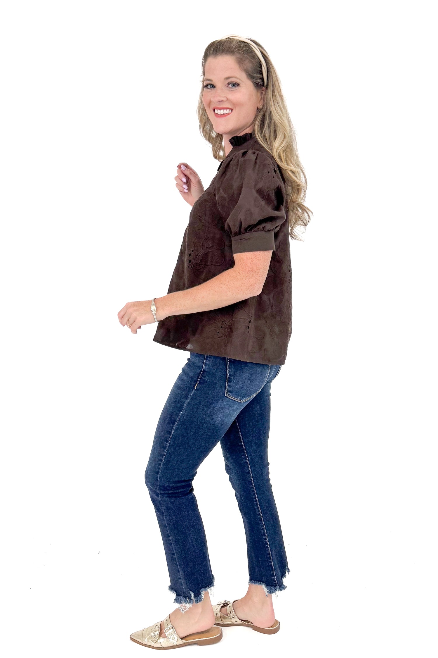 Pourover Perfection Brown Lace Puff Sleeve Top
